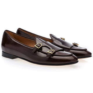 Super Glamourous Tangerine 7 Men's Shoes Brown Cocoa Polished Leather Monk-Straps Belgian Loafers (SPGM1049)-AmbrogioShoes