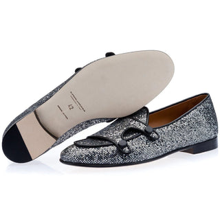 Super Glamourous Tangerine 7 Men's Shoes Silver Glitter Canvas Monk-Straps Belgian Loafers (SPGM1021)-AmbrogioShoes