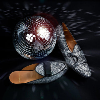 Super Glamourous Tangerine 7 Men's Shoes Silver Glitter Canvas Monk-Straps Belgian Loafers (SPGM1021)-AmbrogioShoes