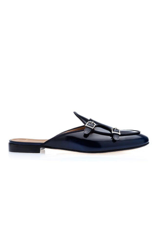 SUPERGLAMOUROUS Tangerine 7 Navy Polished Leather Monk-Straps Belgian Slipper Mules (SPGM1241)