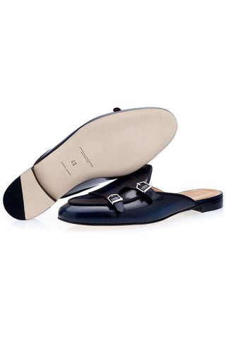 SUPERGLAMOUROUS Tangerine 7 Navy Polished Leather Monk-Straps Belgian Slipper Mules (SPGM1241)