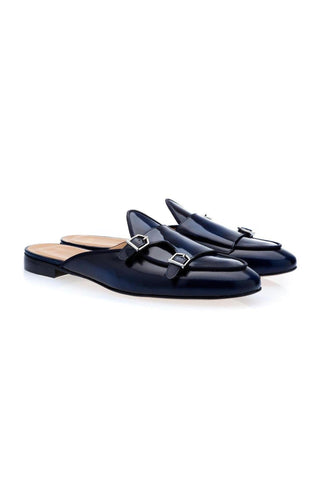 SUPERGLAMOUROUS Tangerine 7 Navy Polished Leather Monk-Straps Belgian Slipper Mules (SPGM1241)