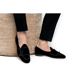SUPERGLAMOUROUS Tangerine 7 Velour Black Velvet Monk-Straps Belgian Loafers (SPGMS1022)-AmbrogioShoes
