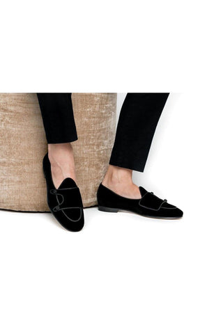 SUPERGLAMOUROUS Tangerine 7 Velour Black Velvet Monk-Straps Belgian Loafers (SPGMS1022)-AmbrogioShoes