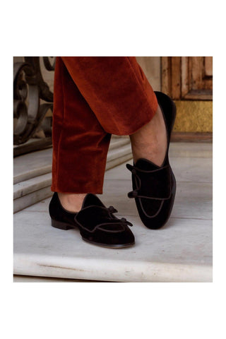SUPERGLAMOUROUS Tangerine 7 Velour Black Velvet Monk-Straps Belgian Loafers (SPGMS1022)-AmbrogioShoes