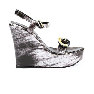 Sergio Rossi Women's Shoes Black & White Calf-Skin Leather Wedge Sandals (SRW03)-AmbrogioShoes