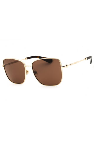 Burberry 0BE3158 women's rectangular sunglasses with gold metal frames and brown lenses.