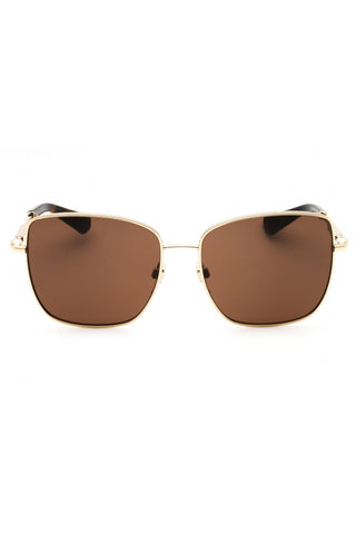Burberry 0BE3158 women's rectangular sunglasses featuring gold metal frames and brown lenses.