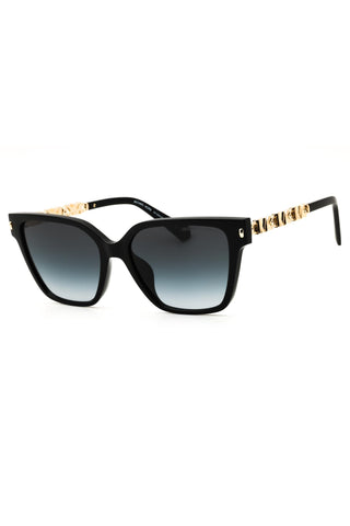 Michael Kors rectangular women's sunglasses in black with gold logo-link temples and gradient lenses.