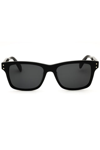 Salvatore Ferragamo men's rectangular black acetate sunglasses with dark grey lenses and gold-tone side accents.