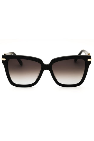 Salvatore Ferragamo rectangular black acetate women's sunglasses with gradient lenses and gold-tone temple accents.