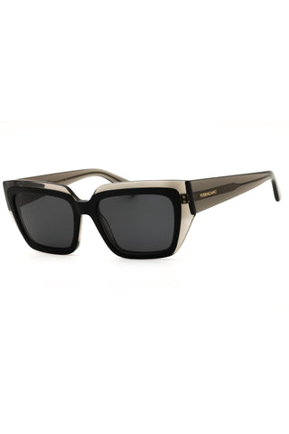 Salvatore Ferragamo SF2002S rectangular women's sunglasses in black and translucent grey acetate with gold logo detail.
