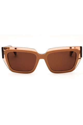 Salvatore Ferragamo SF2002S rectangular women's sunglasses featuring a translucent beige acetate frame and brown lenses.