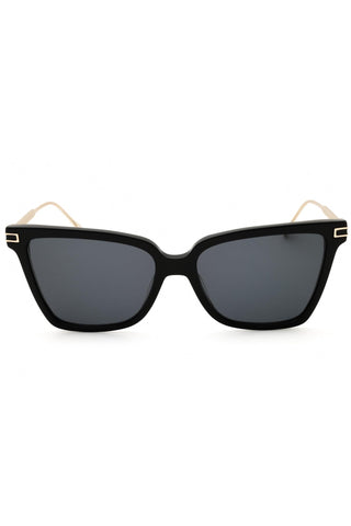 Salvatore Ferragamo SF2036S black acetate cat-eye sunglasses with gold-tone metal temples and dark grey lenses.
