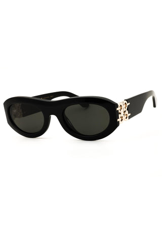 Salvatore Ferragamo SF2082SE black acetate oval sunglasses with gold-tone logo temple detailing.