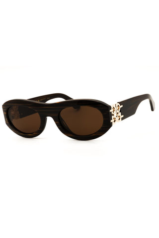 Salvatore Ferragamo oval women's sunglasses in dark tortoiseshell acetate with gold-tone Gancini logo temple accents.