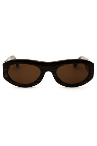 Salvatore Ferragamo women's oval sunglasses featuring a dark brown striped acetate frame and matching tinted lenses.