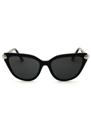 Swarovski women's black acetate cat-eye sunglasses with crystal-embellished temples and dark tinted lenses.