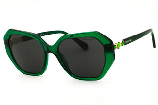 Swarovski SK6017 oversized green acetate sunglasses with dark lenses and crystal-embellished gold temples.
