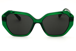 Swarovski SK6017 oversized women's sunglasses featuring a translucent green acetate frame and dark grey lenses.