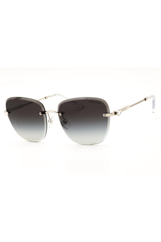 Swarovski SK7043 women's rectangular rimless sunglasses with silver metal frames and grey gradient lenses.