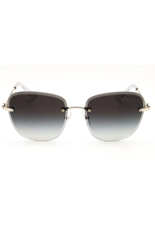 Swarovski SK7043 women's rimless rectangular sunglasses with silver metal frames and grey gradient lenses.