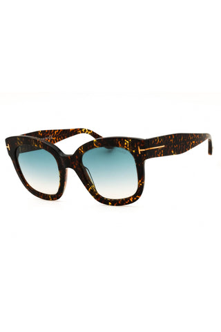 Tom Ford FT0613 rectangular sunglasses in tortoise acetate with blue gradient lenses and gold T-logo temple accents.