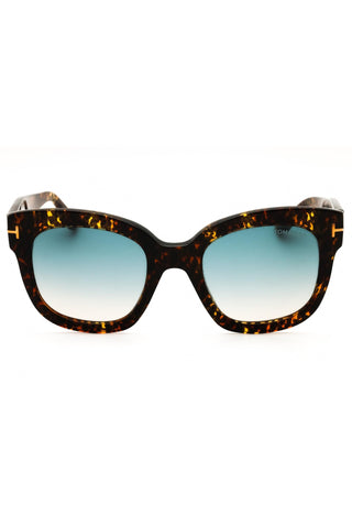 Tom Ford FT0613 rectangular sunglasses in tortoiseshell acetate with blue gradient lenses and gold T-logo accents.