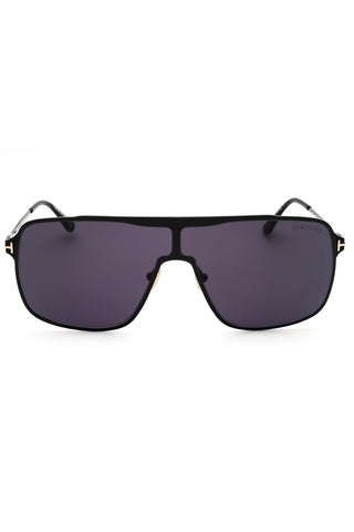 Tom Ford FT1173 men's shield sunglasses featuring a black metal frame and dark grey lenses with signature T-logo detailing.