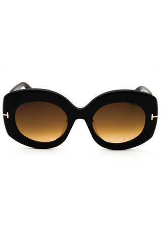 Tom Ford FT1346-F oversized black acetate women's sunglasses with brown gradient lenses and signature gold T-logo accents.