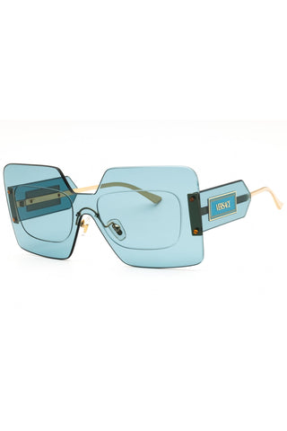 Versace 0VE2277 women's shield sunglasses with light blue lenses, gold metal temples, and branded side plaques.