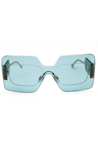 Versace 0VE2277 women's shield sunglasses featuring a light blue rimless frame and metallic temples.