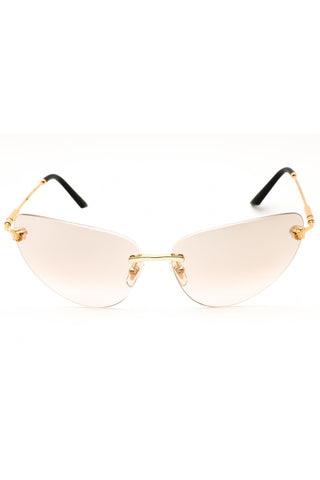 Versace 0VE2281 women's rimless cat-eye sunglasses with gold metal frames and light pink gradient lenses.