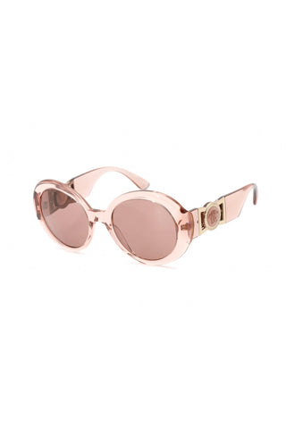 Versace VE4414 round sunglasses in translucent pink acetate with gold Medusa logo temples.