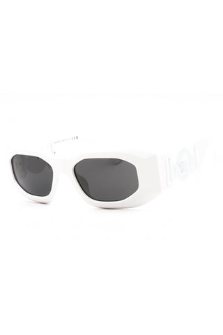 Versace 0VE4425U women's white oval plastic sunglasses with dark grey lenses and Medusa logo temple detail.