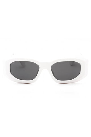 Versace 0VE4425U women's sunglasses featuring white oval plastic frames and dark grey lenses.