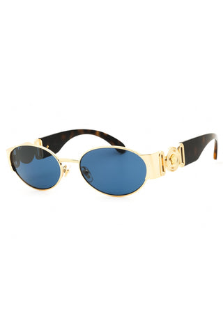 Versace 0VE2299 oval sunglasses with gold frames, blue lenses, and tortoise acetate temples featuring Medusa logo accents.
