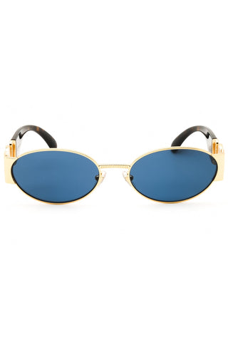 Versace 0VE2299 oval sunglasses featuring gold metal frames, blue lenses, and tortoise acetate temple tips.