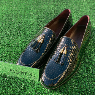 Valentino 19673 Black Woven Patent Leather Tassels Formal Loafers (VAL1005)-AmbrogioShoes