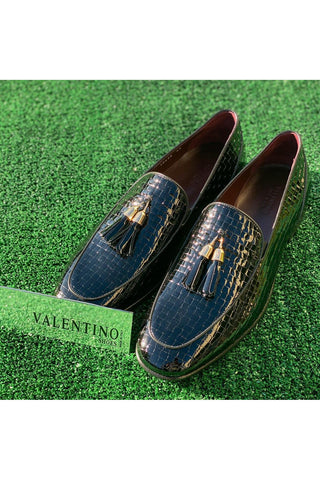 Valentino 19673 Black Woven Patent Tassels Formal Loafers (VAL1005)