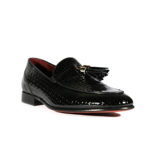 Valentino 19673 Men's Shoes Black Woven Patent Leather Tassels Formal Loafers (VAL1005)-AmbrogioShoes