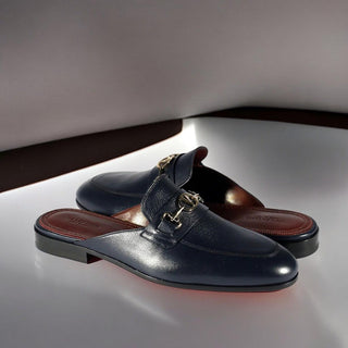 Valentino 19700/M Navy Blue Calf-Skin Leather Slipper Mules (VAL1002)-AmbrogioShoes