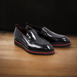 Valentino Deacon 19521 Men's Shoes Polished Calf-Skin Leather Slip-On Black Loafers (VAL1008)-AmbrogioShoes