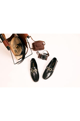 Vinci Pisa Embossed Leather Horse-Bit Loafer - Black