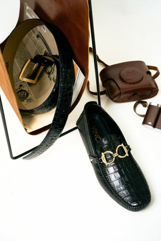 Vinci Pisa Embossed Leather Horse-Bit Loafer - Black