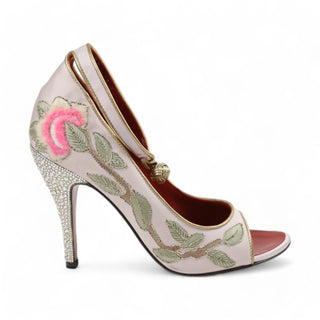 Yves Saint Laurent Lotus Fabric / Leather Crystalized Ankle-Strap Sandals (YSLS1000)-AmbrogioShoes