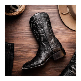 Marco Di Milano Alabama Men's Shoes Black Exotic Ostrich Skin Cowboy Boot (MDM1223)