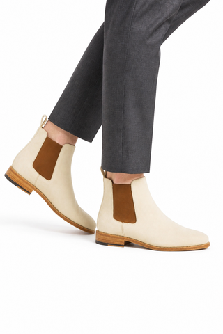 Ambrogio AMB1040 ivory beige suede Chelsea boots — on-foot styling view