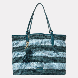 Andre Assous Carina Blue leather and raffia tote handbag front view