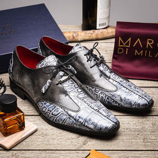 Marco Di Milano Anzio Newspaper & Gray Exotic Alligator / Calfskin Leather Derby (MDM1037)